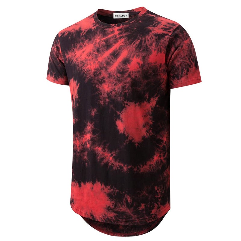 KLIEGOU Mens Hip Hop Tie-Dyed Hipster Curve Hem T Shirt(1803ZR Red XL) - Image 1